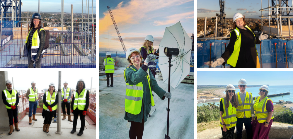 Collage of people in hard hats and high-visibility vests at a construction site, with one person adjusting a light reflector for a photo shoot, effectively showcasing the dynamics of Construction PR.